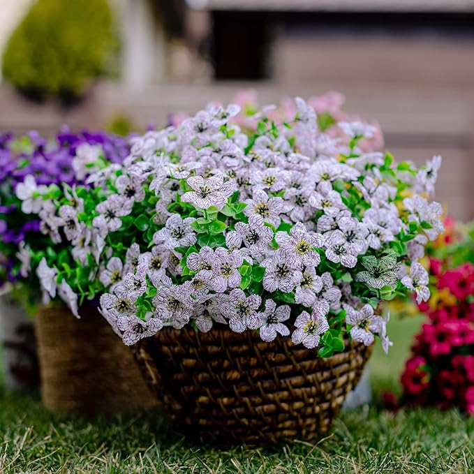 Artificial Flowers for Outdoors Fake Plants - 16 Bundles Faux Outside Greenery Boxwood UV Resistant No Fade Plastic Shrubs Fall Decor Farmhouse Home Garden Mums (White)