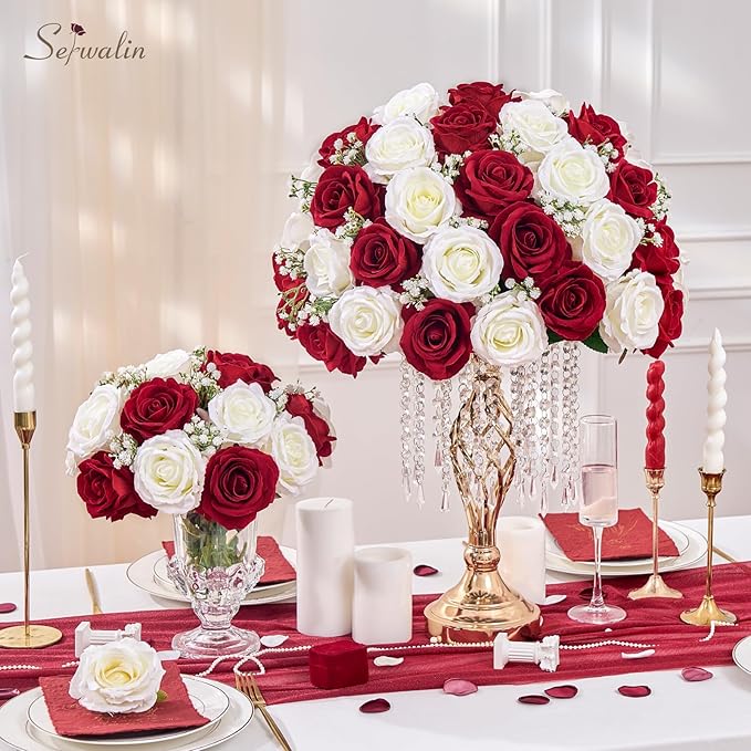 Serwalin 20pcs Artificial Red and White Roses, 4'' Big Flower Head, Fake Roses Velvet Real Touch, Silk Roses Long Stems Realistic Bouquet for Wedding Table Centerpiece and Home Decor