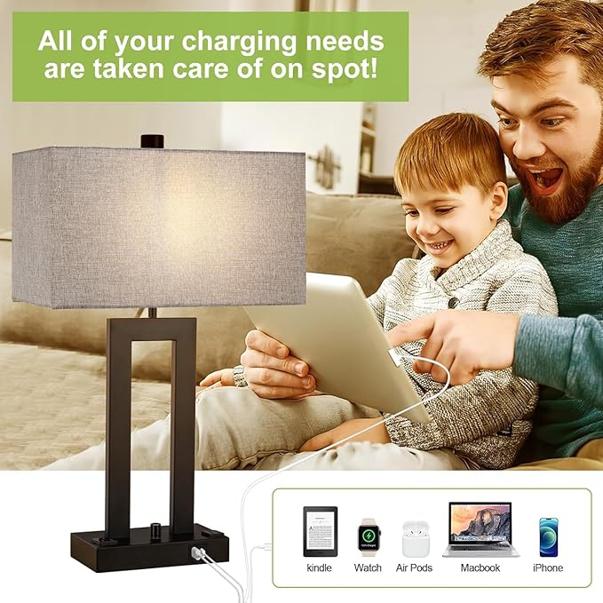 Modern Table Lamps Set of 2-22" Tall Bedside Lamps with USB-C/USB-A Charge Ports & Outlet, Stepless Dimmable Fabric Gray Shade Nightstand Lamps for Bedroom & Living Room