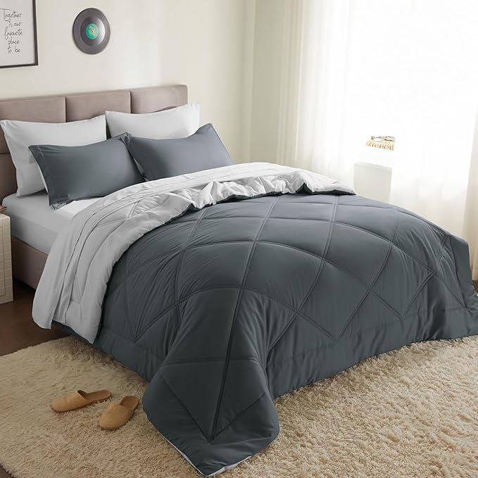 Joiedomi Full Size Comforter Set with Sheets Dark Grey, 7 Pieces Full Size Bed Set with 1 Down Alternative Comforter, 1 Flat Sheet, 1 Fitted Sheet, 2 Pillowcases and 2 Pillow Shams, Bed in a Bag