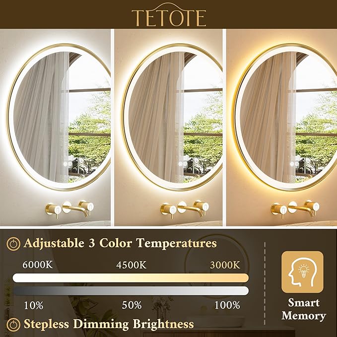 TETOTE Gold Round Led Mirror with Lights 24 Inch Metal Framed Round Circle Lighted Bathroom Vanity Mirror Wall Mounted, Front and Backlit 3 Color Stepless Dimmable Anti Fog, Shatterproof, CRI 90+