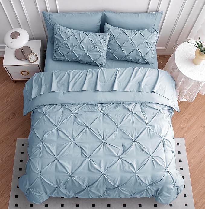 LANE LINEN Twin Comforter Set, 5 Piece Twin Bedding Sets for Boys, Pintuck Twin Size Bed Set, Pinch Pleated Twin Bed in a Bag Set, Twin Bed Comforter Set with Sheets, Pillowcase & Sham - French Blue