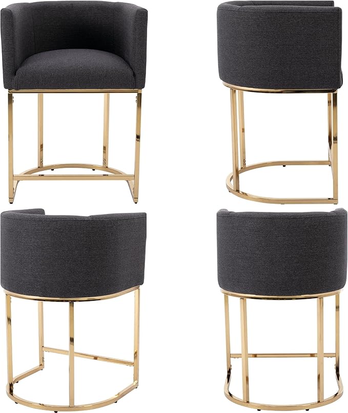 Modern Counter Height Linen Upholstered Bar Stools Set of 2, 24" Kitchen Counter Island Stools Bar Chairs with Gold Metal Frame for Kitchen Island, Charcoal