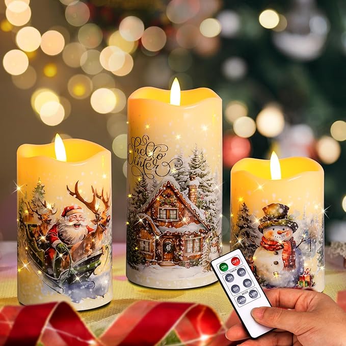 Christmas Flameless Flickering LED Candles with Remote Timer,Battery Operated 3D Wick Pillar Candles Fiber OIptic Decorative Lights Set of 3 for Decorations Indoor