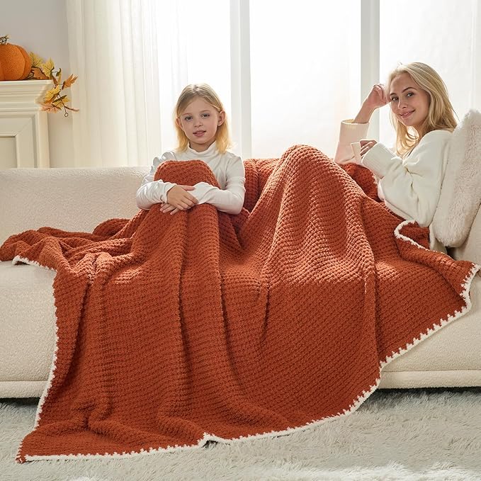 Snuggle Sac Orange Waffle Throw Blanket for Couch Bed Sofa 50x60 inches, Reversible Blanket Microfiber Fluffy Fuzzy Cozy Knit Soft Throws for Women Mothers Birthday Gifts