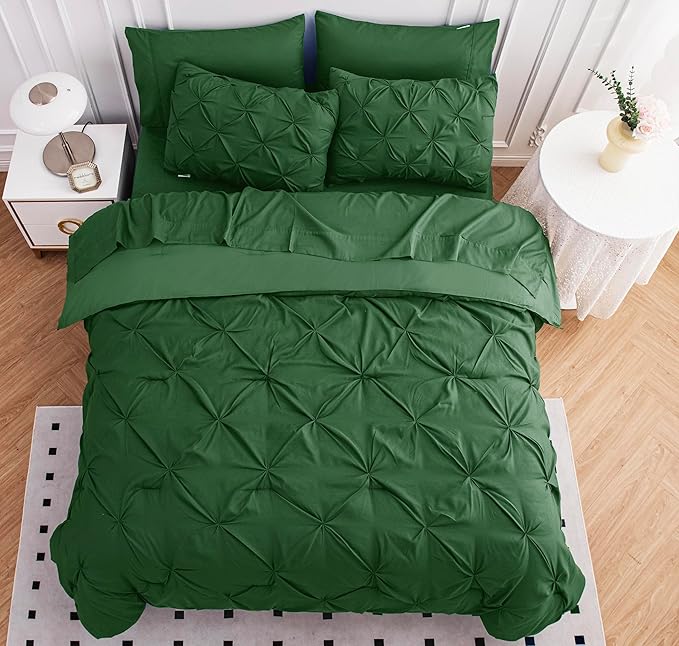 LANE LINEN Full Comforter Set – 7 Piece Bed in a Bag – Pinch Pleated Full Size Bedding Set with Comforter, Flat Sheet, Fitted Sheet, Pillowcase & Sham – Soft Pintuck Bed Set - Olive Green