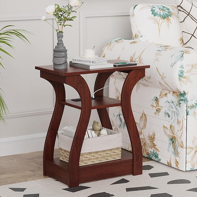 End Tables Living Room Set of 2,Cherry End Table with Charging Station,Side Table, Nightstand for Bedroom, 3 Tier End Table with Storage Shelf for Living Room(Cherry)
