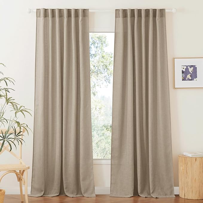 RYB HOME Light Filtering Linen Sheer Curtains, Back Tab Rod Pocket Privacy Protected Linen Blend Burlap Panels for Farmhouse/Living Room/Dining Room, Khaki, Length 84 by Width 52 inch, 2 Panels