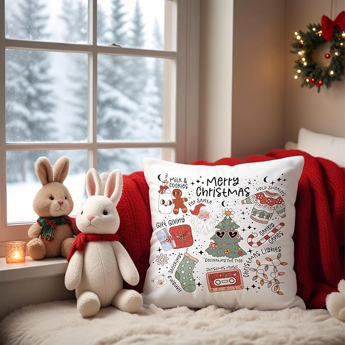 Cute Christmas Throw Pillow Covers 18x18, Retro Santa Milk Cookies Xmas Decor, Decorative Covers for Couch, Living Room Bedroom Home