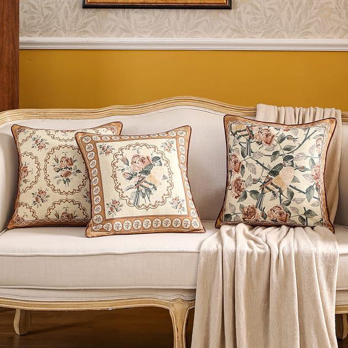 patdrea Designer Vintage Floral Throw Pillow Covers for Couch Set of 2,Brown Linen Pillowcases with Bird and Rose Pattern Decorative Square Cushion for Bed Living Room Outdoor Cafe Car,18"x18"