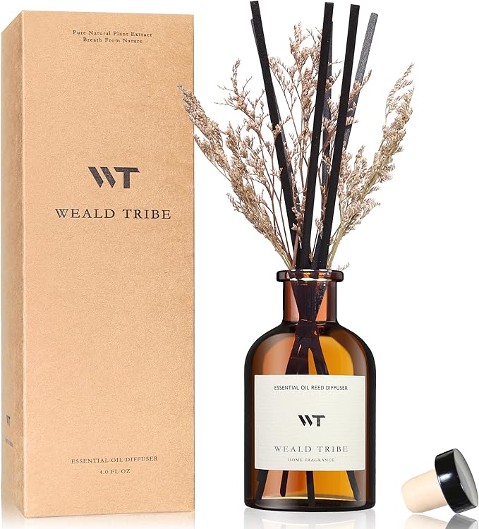 WEALD TRIBE Flower Reed Diffuser Set Vanilla Cinnamon Scent for Bathroom Air Fresheners | 4.0 fl oz Essential Oils with Sticks Home Fragrance Defusers | House Bedroom Office Shelf Decor & Gift