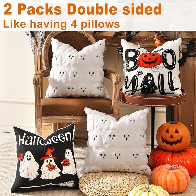 TOYPOPOR Halloween Decorations, 2 Packs Double Sided Ghost Pillow Covers, Soft Faux Fur Throw Pillow Cases, Indoor Outdoor Couch Cushion Case for Fall Autumn Bedroom Living Room Home Decor 20''x20''