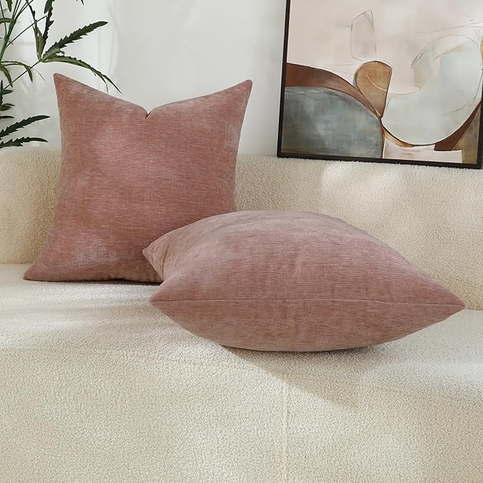 Blush Pink Chenille Decorative Couch Throw Pillow Covers, Soft Cushion Cases for Home Livingroom Sofa Décor, Pack of 2, 18 x 18 Inches