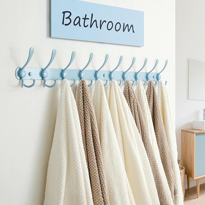 Dseap Coat Rack Wall Mount - 38” Long 10-Tri-Hooks Heavy Duty Coat Hanger Rail Wall Hooks for Hanging Coats Hats Clothing Clothes Purse Mudroom Entryway, Blue, Pack of 2