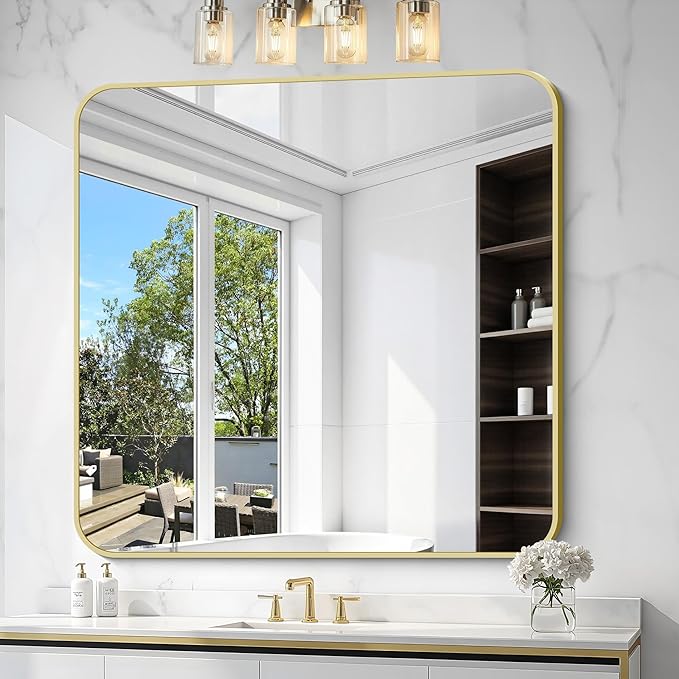 Gold Bathroom Mirror, 42x42 Inch Metal Framed Square Mirror, Rounded Corner Gold Vanity Mirror, Large Wall Mounted Mirrors for Living Room Bedroom Entryway Hangs Horizontal or Vertical