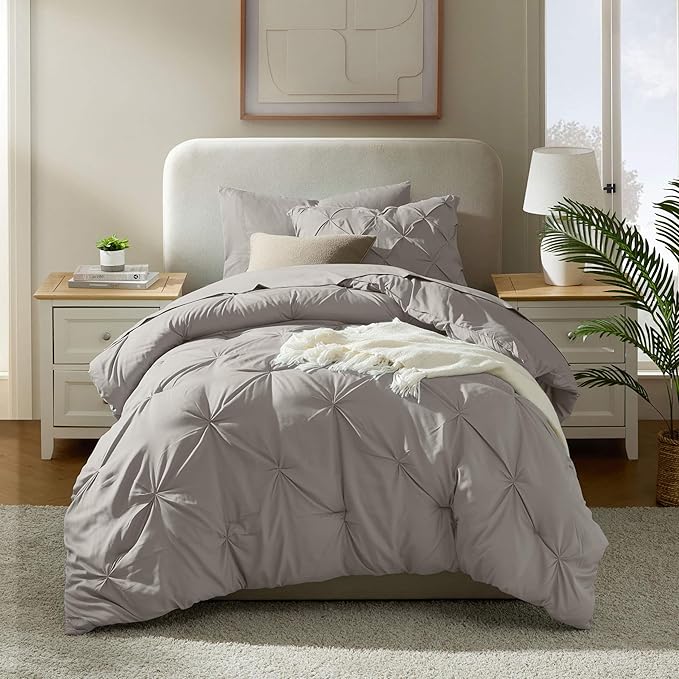 Nestl Twin Comforter Set 5 Piece - Pintuck Twin Bedding Sets Linen, College Dorm Room Essentials for Girls and Boys Bed in a Bag Twin All Season, Twin Comforter Set with Sheets, Pillowcase and Sham