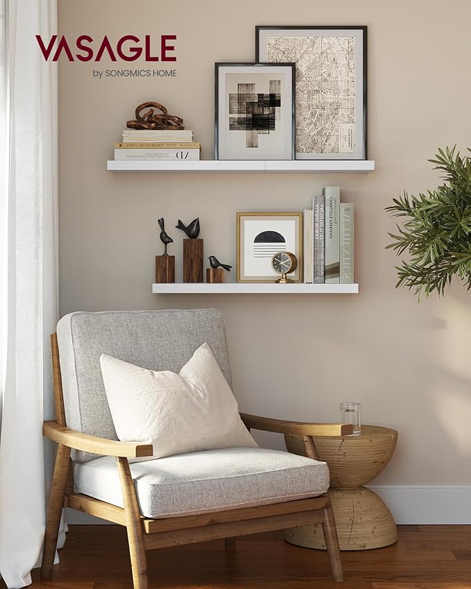 VASAGLE Wall Shelves Set of 2, Floating Shelves, 8 x 23.6 x 1.5 Inches, Display Shelves for Picture Frames, Decor, Hanging Shelf for Living Room, Kitchen, White ULWS056W01