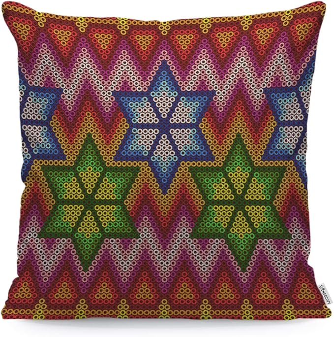 WONDERTIFY Throw Pillow Case Cover Beads of The Mexican People Huichol Ethnic Colorful Soft Linen Pillow Case for Decorative Bedroom/Livingroom/Sofa/Farm House Couch Pillow Cushion Covers 18x18 Inch