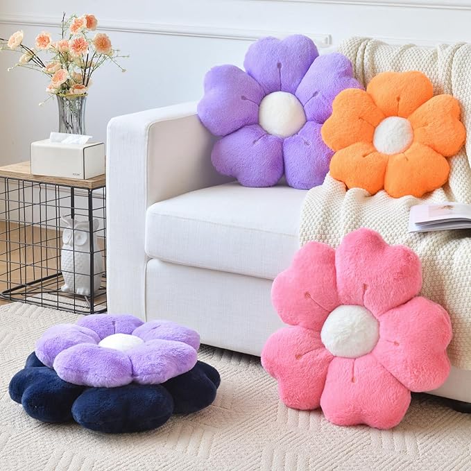 Flower Pillow, Flower Shaped Pillow Decorative Throw Pillows for Bed Couch, Cute Daisy Pillow Dorm Decor Floor Seating Cushion (Dark Purple, 19.6 Inches)