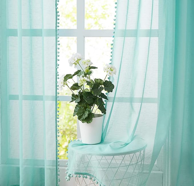 Treatmentex Aqua-Blue Pom-Pom Sheer Curtains for Bedroom Nursery Room 63inches Long Linen Textured Window Sheer Drapes 52" W, 1 Pair, Rod Pocket