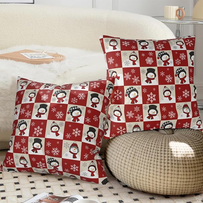 Snowman Throw Pillow Covers 18x18 - Winter Pillowcase Set of 2 Christmas Snowflake Square Cushion Covers for Sofa Couch Bed