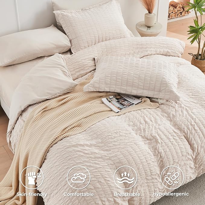 HYMOKEGE Beige Queen Comforter Set Seersucker 7 Pieces, All Season Luxury Bed in a Bag for Bedroom, Bedding Set with Comforters, Sheets, Pillowcases & Shams
