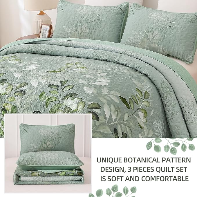 WONGS BEDDING Green Quilt Set Queen Size,3 Pieces Green Floral Bedspread Coverlet Set, Soft Microfiber Lightweight Floral Bedding Set Queen 96"×90"