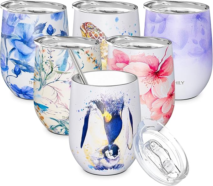 THILY Wine Tumbler Stainless Steel Insulated Stemless Wine Glass with Lid and Straw, Cute Cup Keep Cold for Coffee, Cocktails, Special Collection, Penguin