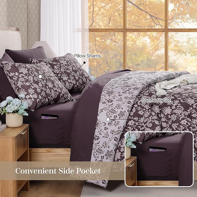 Full Comforter Set -7 Pieces Floral Dark Purple Comforter Set for All Seasons, Bed in a Bag Full with Botanical Flowers Comforter, Sheets, Pillowcases & Shams