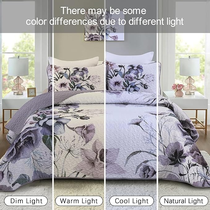 Drucon Purple Floral Quilt Set King Size 3 Pieces Purple Botanical Flower Quilt Coverlet Set Soft Microfiber Lightweight Quilted Bedspread for All Season 104"x90"