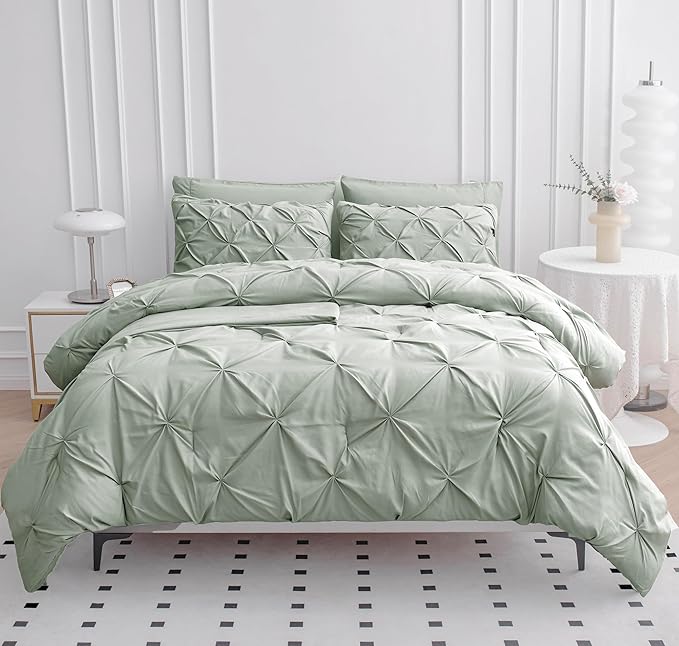 LANE LINEN Queen Comforter Set with Sheets, 7 Piece Set, Pintuck Comforter, Soft Bed Set, Bedding Comforter Sets, In-Bag Set - Mineral