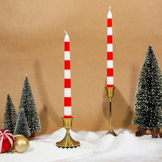 2 Pack Christmas Taper Candles, 10 Inch Unscented Candlesticks with Red Stripe Design for Holiday Table Centerpiece, Fireplace Mantel, Winter Weddings, Advent Wreaths, Seasonal Home Decor