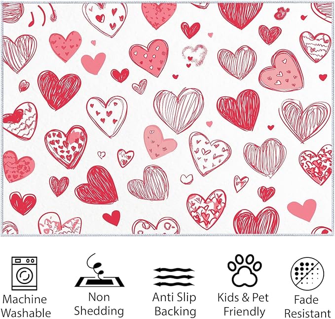 Area Rug 8x10 ft Cartoon Hand-Painted Red Love Living Room Non-Slip Rug, 3D Print Floor Carpet, Soft Large Area Rugs for Bedroom Dining Room Kitchen, Washable Low-Pile Rug