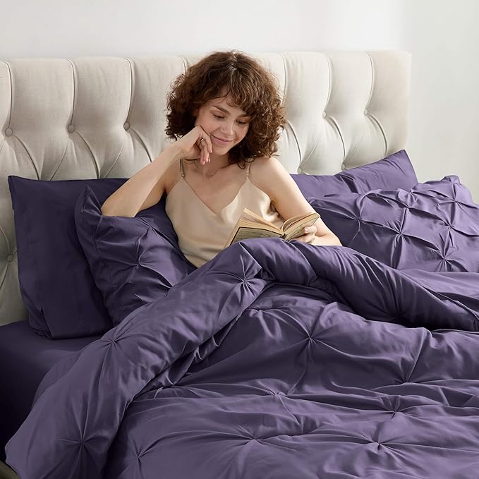 Nestl Queen Comforter Set 7 Piece - Pinch Pleated Comforters Queen Size Purple, Bed in a Bag Queen All Season, Queen Size Comforter Sets Bedding with Flat Sheet and Fitted Sheet, Pillowcases and Shams