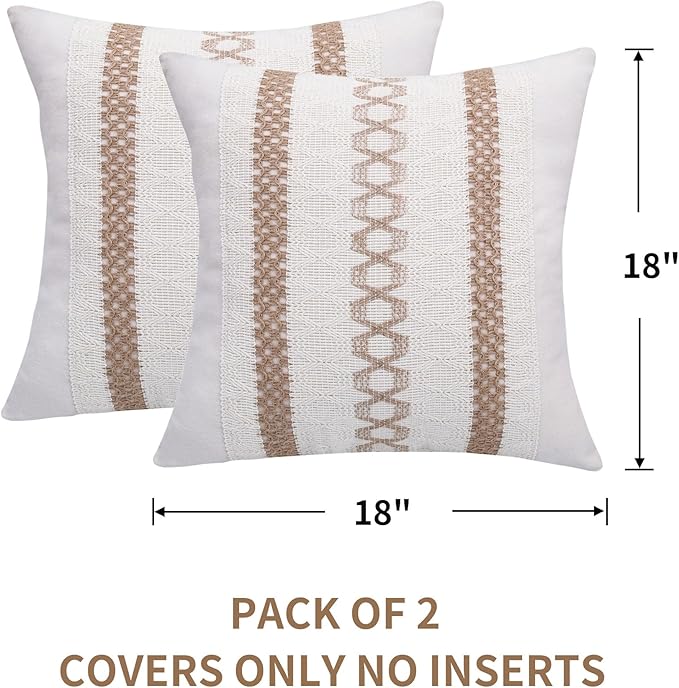 Boho Throw Pillow Covers 18x18 Set of 2 Soft Linen Farmhouse Pillow Covers Rustic Neutral Decorative Pillow Cases for Couch,Bed,Living Room Home Decor