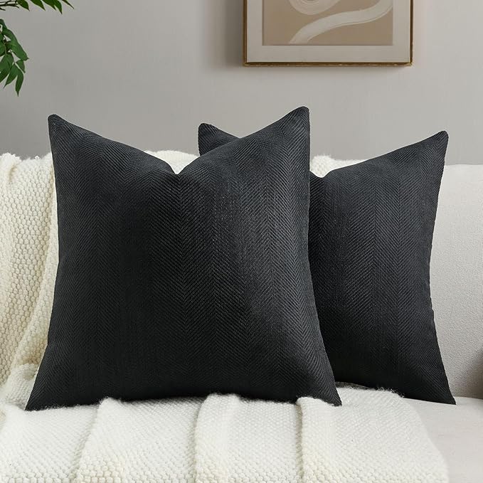FUTEI Black Chenille Throw Pillow Covers 26x26 Inch Set of 2,Soft Wide Chevron Textured Euro Pillow Shams,Farmhouse Home Decor for Couch Living Room