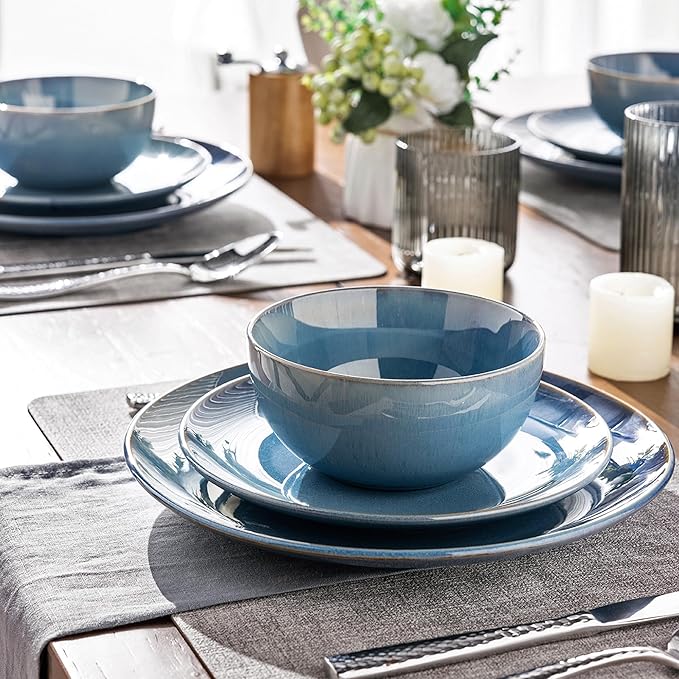 GBHOME Ceramic Dinnerware Sets for 4, 12 Pieces Stoneware Plates and Bowls Sets, Reactive Glaze Dishes -Scratch Resistant, Dishwasher&Microwave Safe-Alaskan Blue