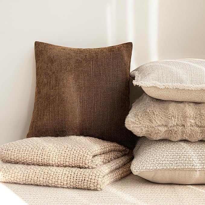 Foindtower Set of 2 Soft Textured Chenille Throw Decorative Pillow Covers Square Accent Solid Cushion Cover Cozy Neutral Farmhouse Pillow Case for Couch Sofa Bedroom Living Room 20x20 Inch,Dark Bronze
