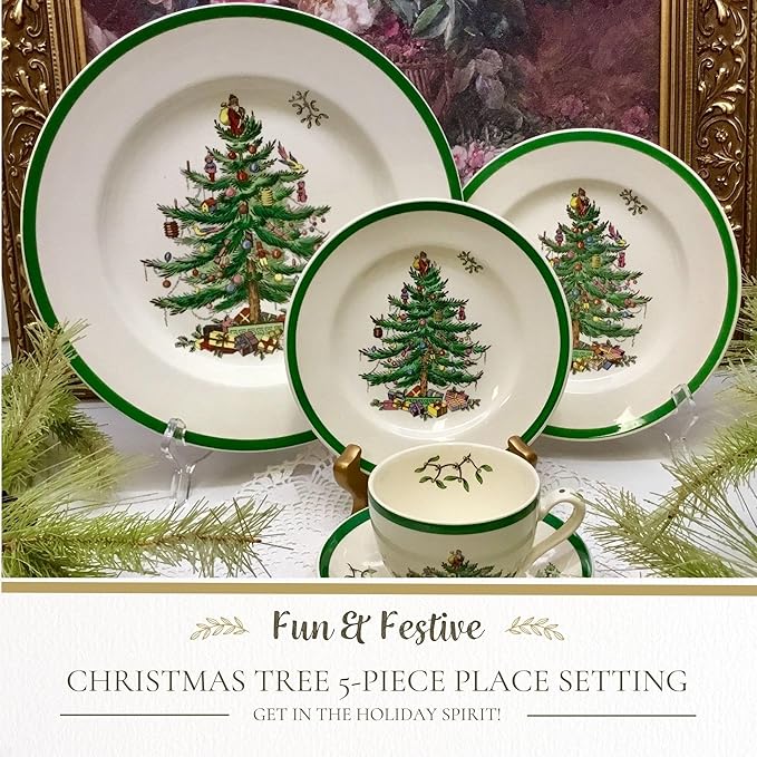 Spode Christmas Tree 5-Piece Holiday Dinnerware Set - Festive Earthenware Tableware with Plates, Teacups, Saucers - Microwave, Dishwasher Safe - Christmas Dinnerware & Holiday Tableware