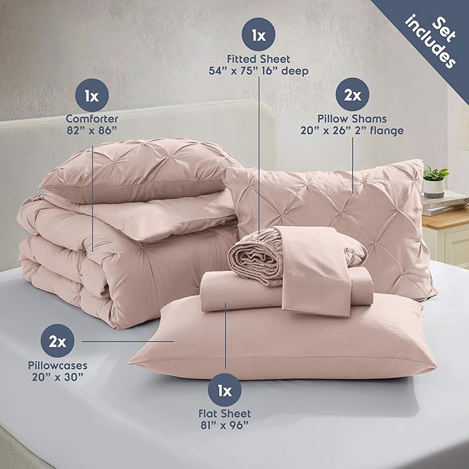 Nestl 7 Piece Comforter Set - Pinch Pleated Bedding Set in Blush Pink, All Season Full Size Bed Set With Sheets, Comforter, Pillowcases and Shams