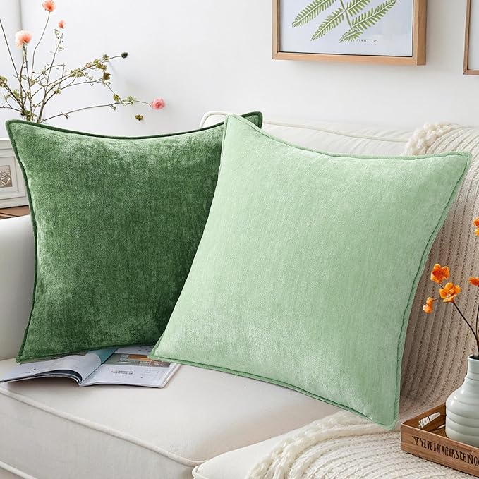 decorUhome Couch Throw Pillow Covers 26x26 Set of 2, Decorative Soft Euro Neutral Chenille Pillow Covers with Elegant Design for Sofa Bed Living Room Home Decor, Sage Green
