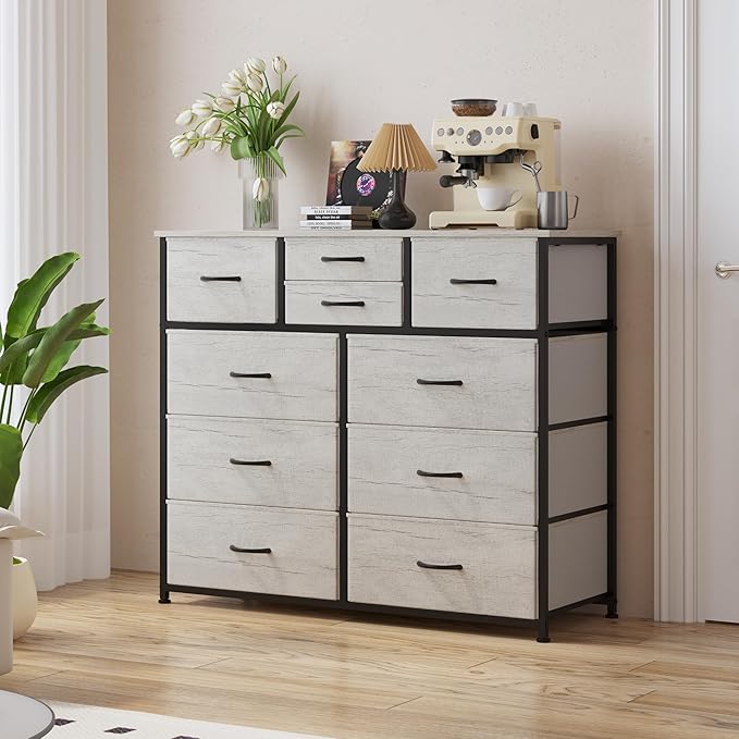 LUMTOK 10-Drawer Dresser, Fabric Storage Dresser Drawers for Bedroom, Hallway, Nursery, Closets, Steel Frame, Wood Top, Easy Pull Handle (Greige)