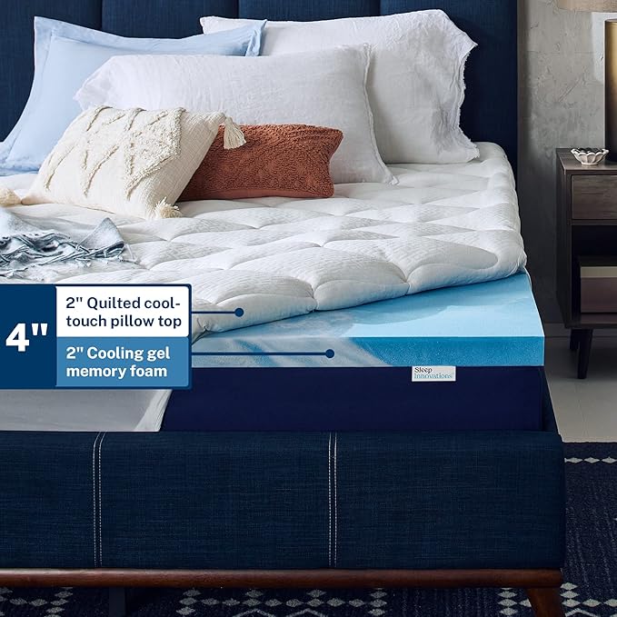 Sleep Innovations Cooling Comfort Gel Memory Foam Dual Layer Mattress Topper, 4 Inch, Queen Size, Pillow Top Cover