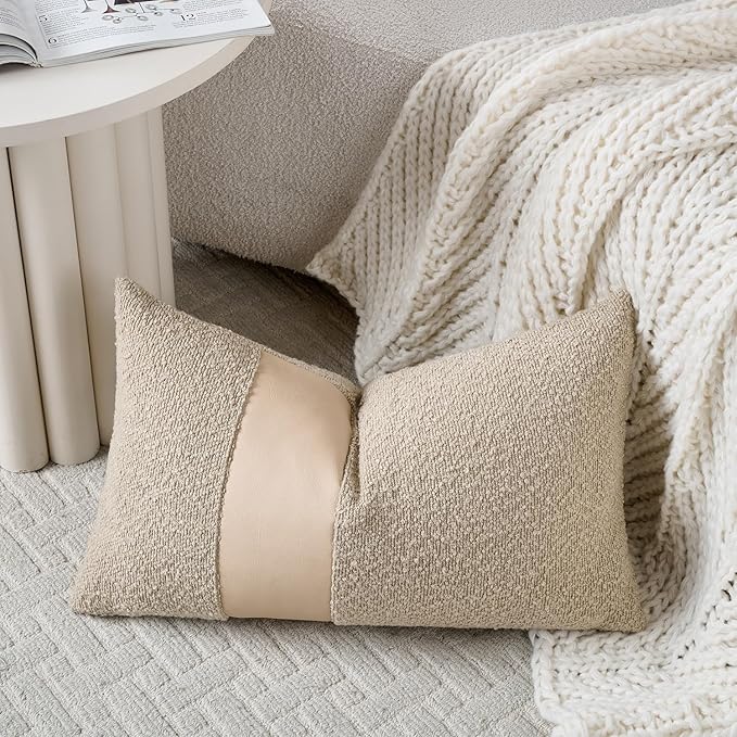 Pack of 2 Faux Leather Boucle Throw Pillow Covers 20"x12" Neutral Beige Chic Accents Textured Rectangular Lumbar Decorative Pillow Cases for Living Room Couch Bed Farmhouse Boho Home Decor