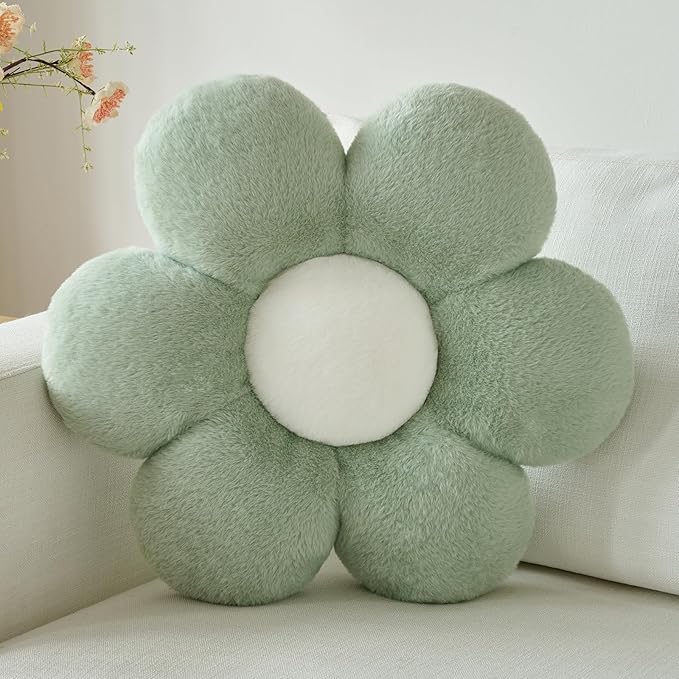 Flower Pillow, Decorative Throw Pillows for Couch Bed, Cute Daisy Home Decor Flower Shaped Pillows for Bedroom Living Room (Sage Green, 14.9 Inches)