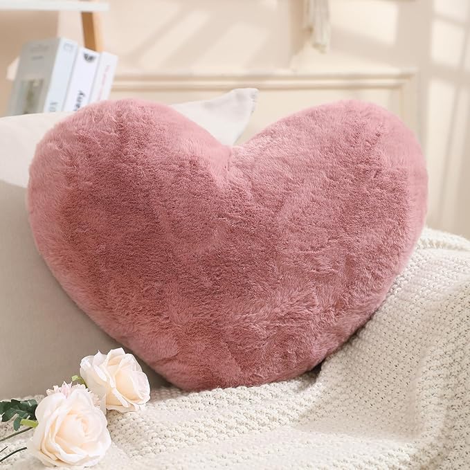 EastTree Heart Pillows, Bean Paste Pink Heart Shaped Pillows, Love Throw Pillows Gifts, Ultra Faux Rabbit Fur Soft Small Cute Fluffy Pillows, Women Girls Kid Living Room Decor 10x13 Inch