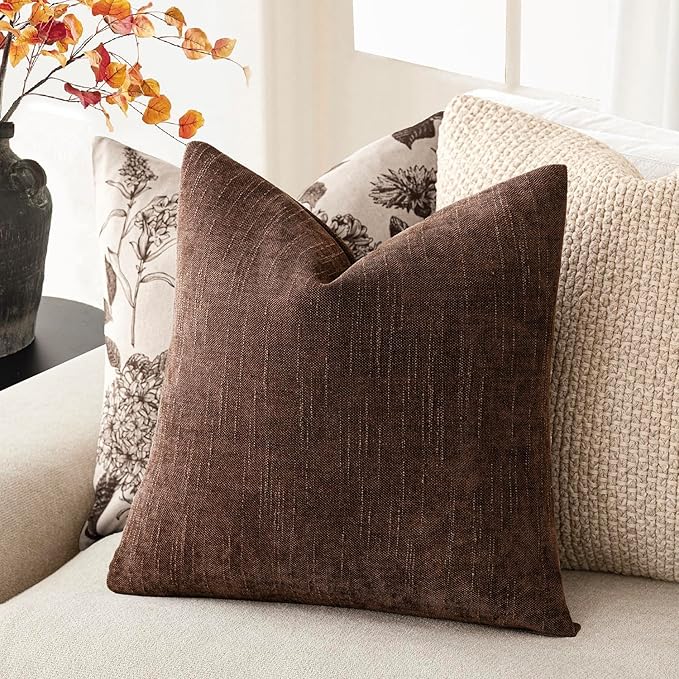Foindtower Pack of 2 Soft Textured Chenille Throw Decorative Pillow Covers Square Accent Solid Cushion Cover Cozy Neutral Farmhouse Pillow Case for Couch Sofa Bedroom Living Room 20x20 Inch,Red Brown