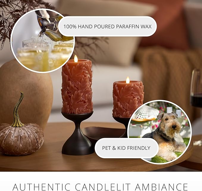 Luminara Embossed Leaves Flameless Pillar Caramel Café, Moving Flame LED Candle Real Wax Unscented Battery Operated (3.5" x 6.5")