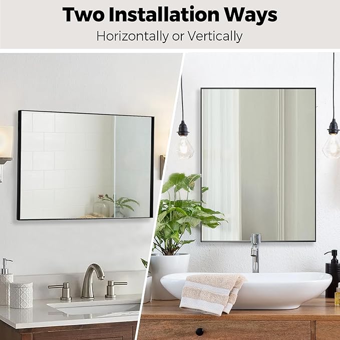30x40 Inch Black Bathroom Mirror for Wall, Aluminum Frame Rectangle Rectangular Vanity Mirror, Modern Large for Bedroom, Living Room, Horizontal or Vertical