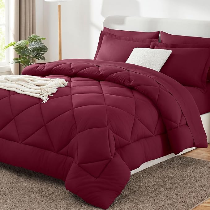 CozyLux Full Size Comforter Sets Burgundy - 7 Pieces Bed in a Bag Full, Luxury Soft Bed Set for All Seasons, Bedding Set with Down Alternative Comforter, Sheets, Pillowcases & Shams, Red
